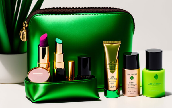 trousse de maquillage verte avec des produits de beauté