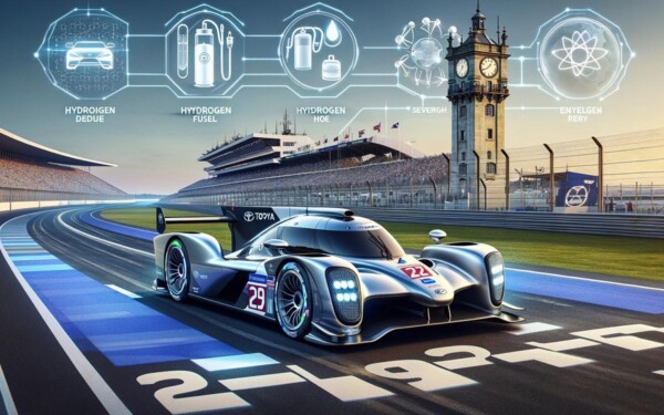 Prototype de véhicule à hydrogène en course sur le circuit des 24 Heures du Mans, illustrant l'avenir durable du sport automobile.