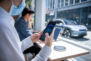 Un utilisateur consulte l’autonomie d’un smartphone dans un café moderne