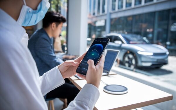 Un utilisateur consulte l’autonomie d’un smartphone dans un café moderne